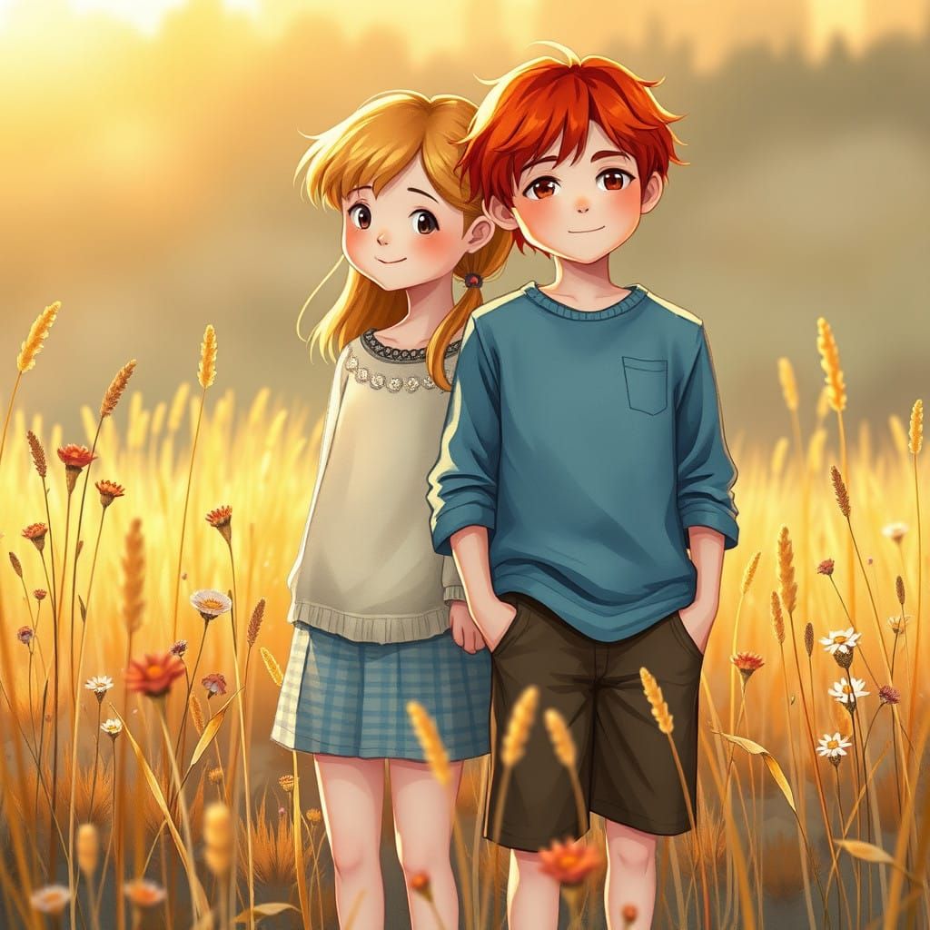 Vibrant Siblings Share a Quiet Moment in a Golden Meadow