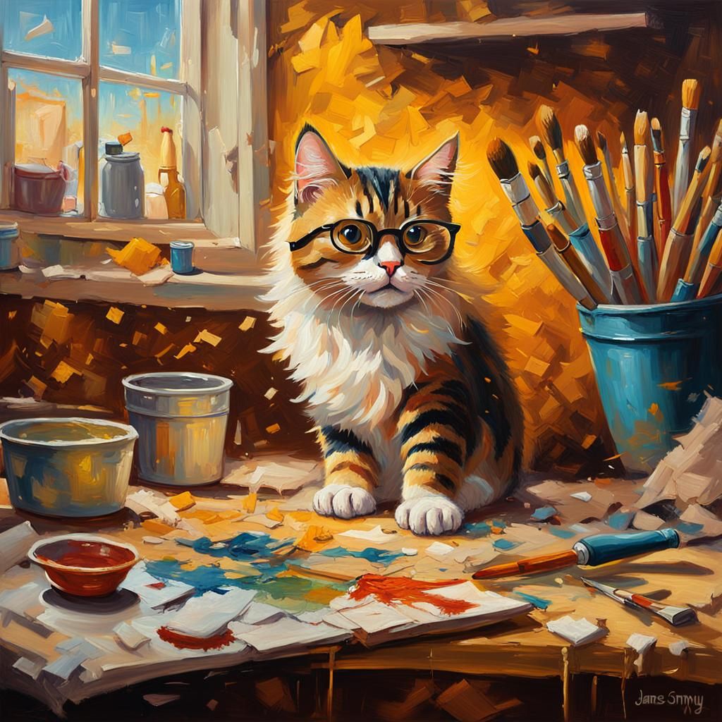 Mischievous Cat's Artistic Chaos: An Impressionist Oil Paint...