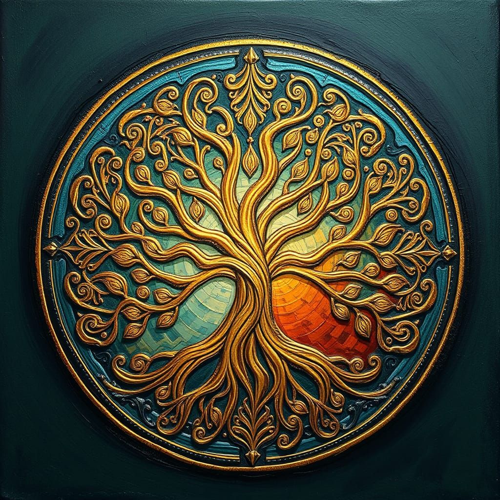 Tree of Life: Impasto Oil Painting in Gold and Teal