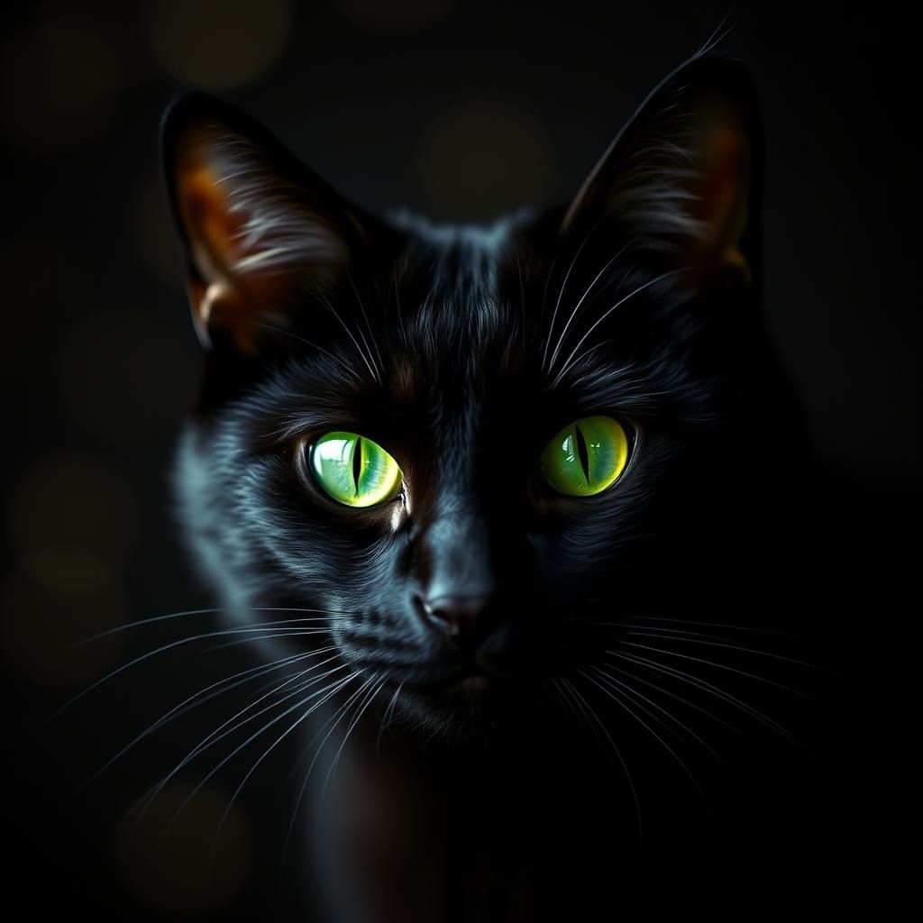 Enigmatic Black Cat with Neon Green Eyes in Dramatic Lightin...