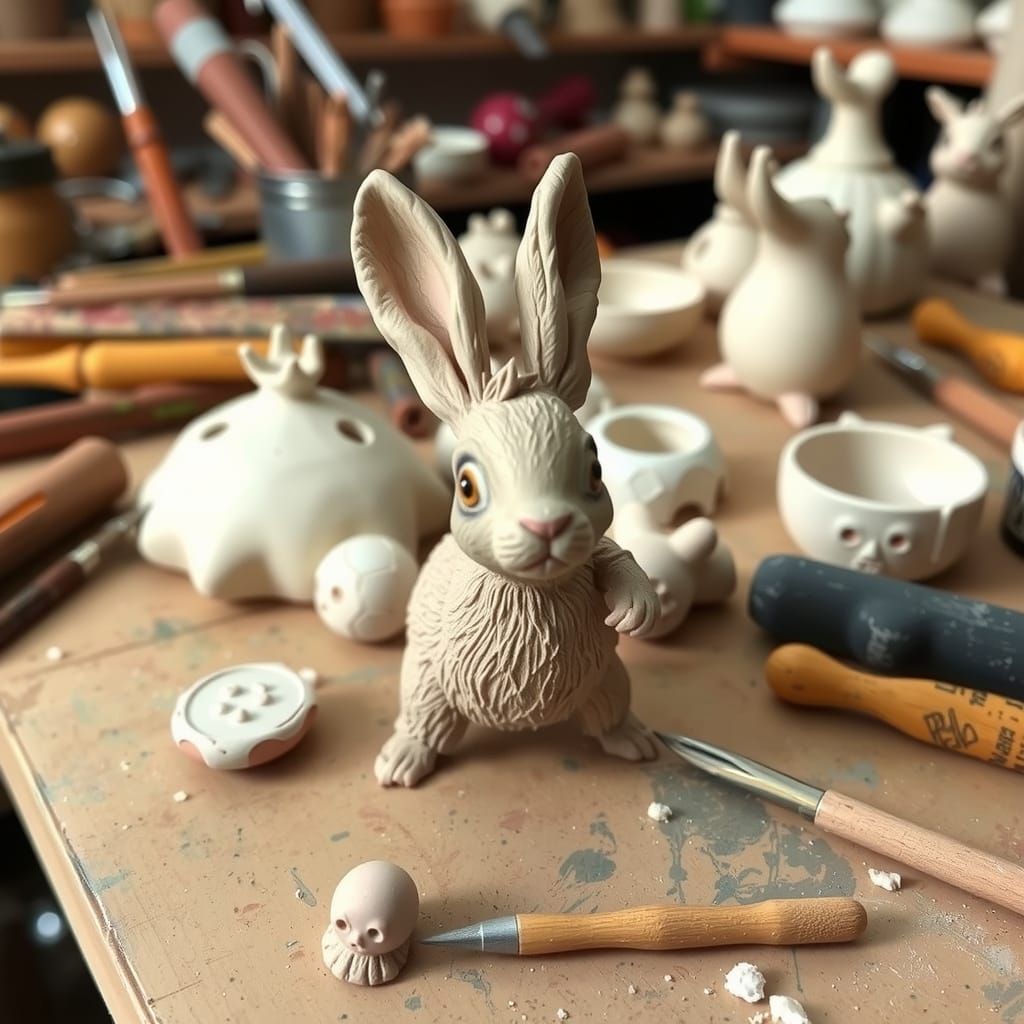 Animated Clay Rabbit in Earthy Workshop
