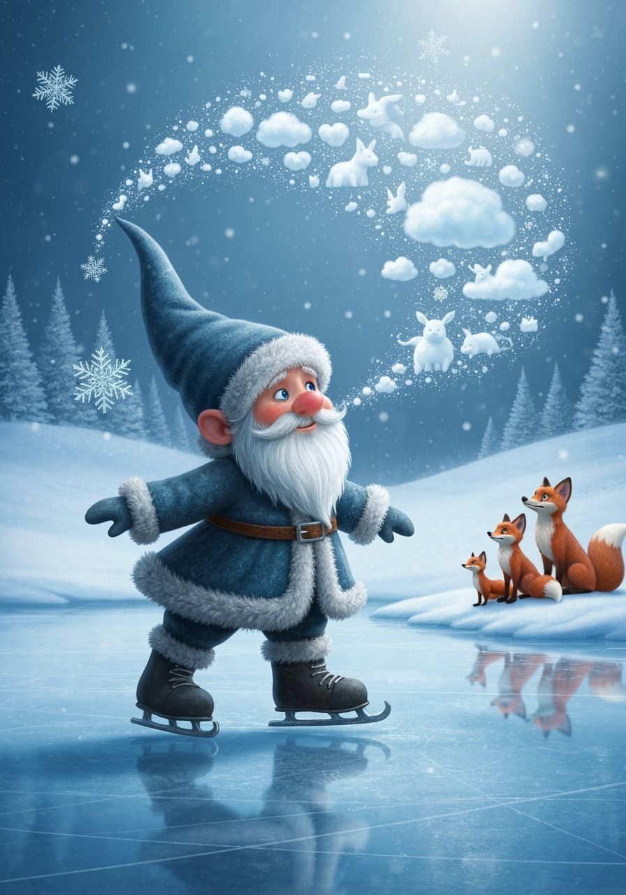 Winter Gnome Ice Skating on Frozen Pond