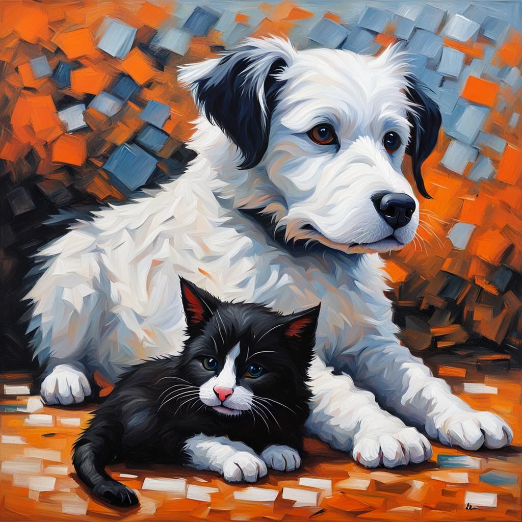 Dog and Kitten Play in Neo-Impressionist Oil Painting