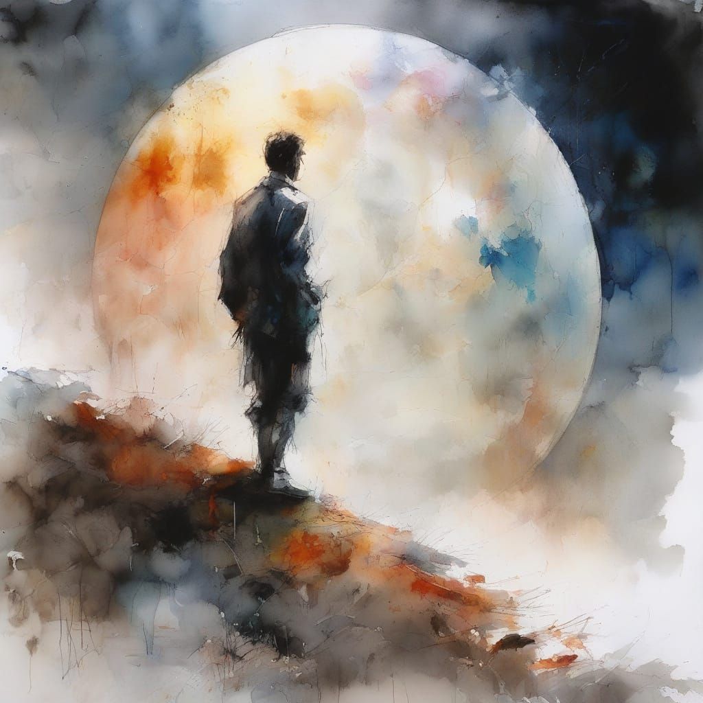 Lone Figure Under Moonlight in Splash Art Style