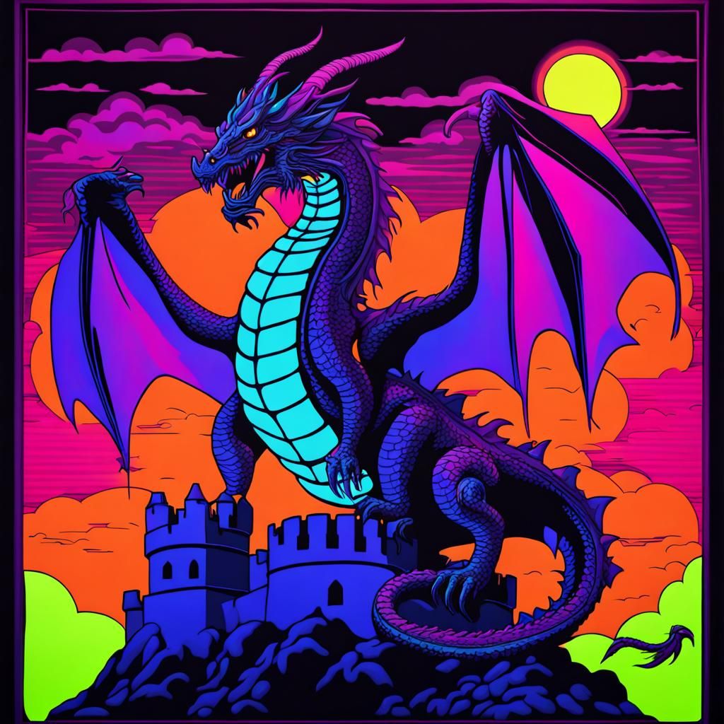 Neon Dragon on Castle in Black Light Art