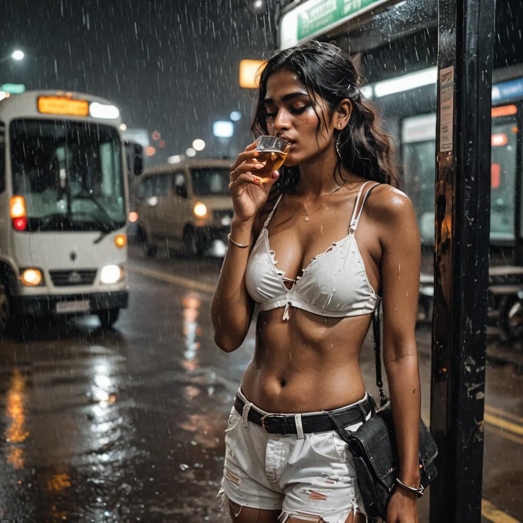 Woman at Bus Stop in the Rain
