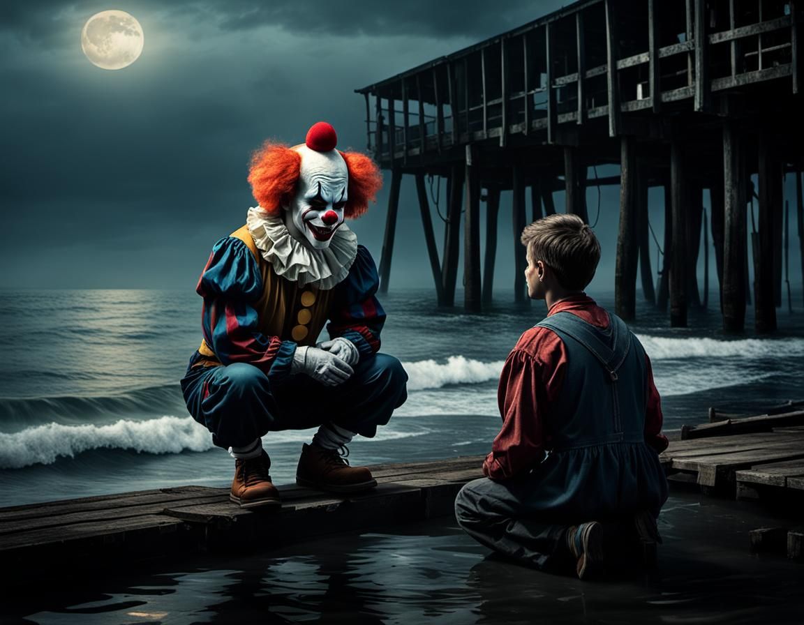 Eerie Clown Encounter on a Dock: Dark Fantasy Art