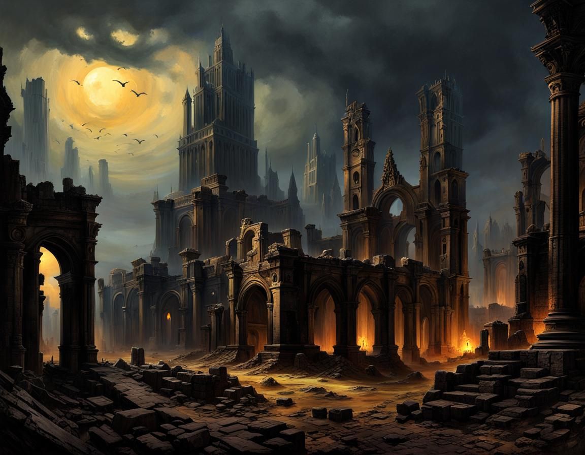 Grimdark Fantasy City Ruins as Oil Painting
