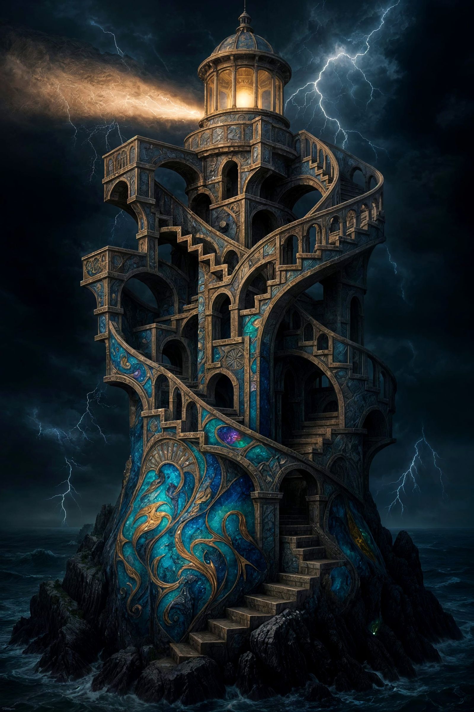 Surreal Escher-Inspired Lighthouse with Impossible Geometry