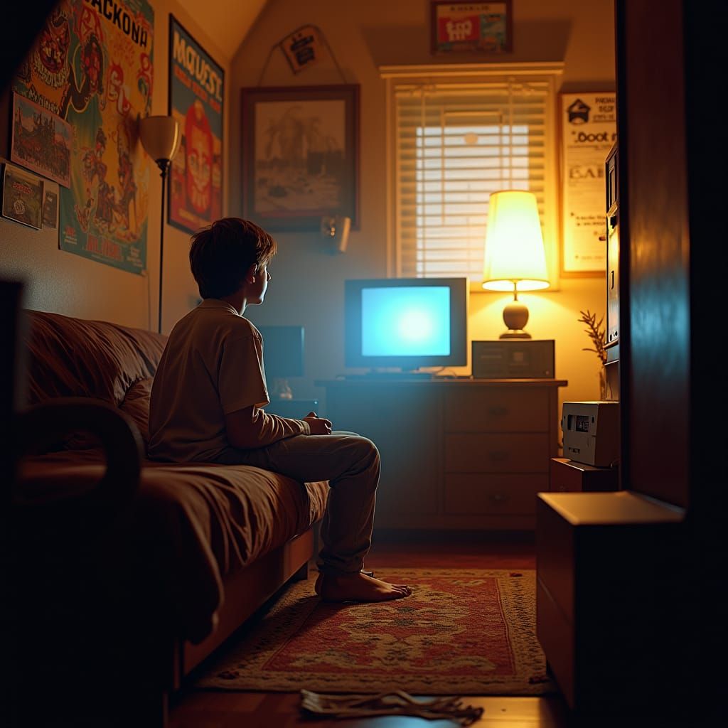 Nostalgic Teen Gamer in Retro Bedroom, Film Grain Aesthetic