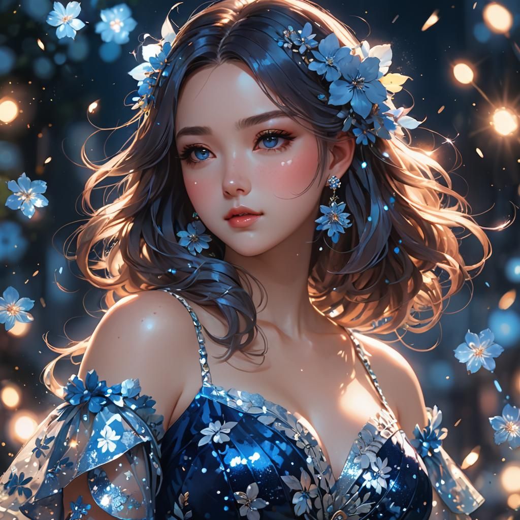 Curvy Girl in Blue Dress Anime Style