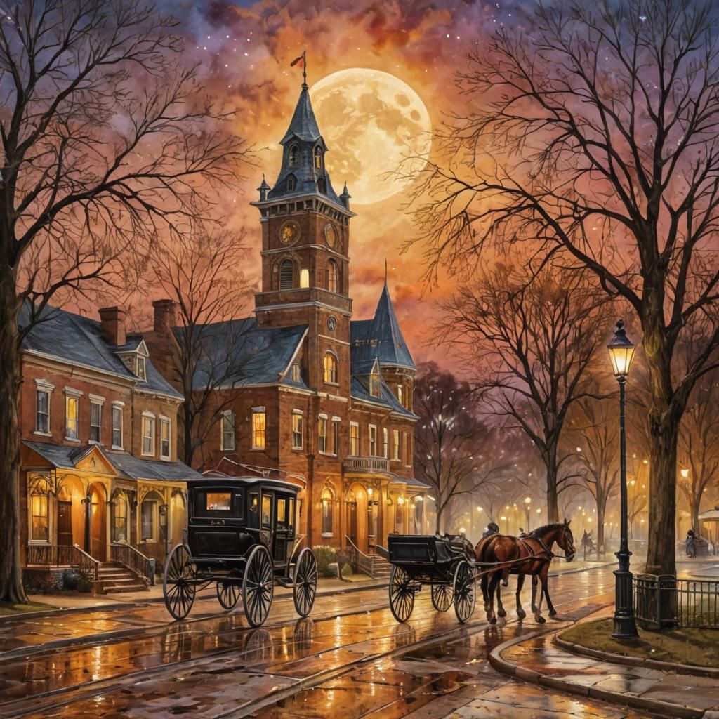 19th Century Town Square at Night in Warm Hues