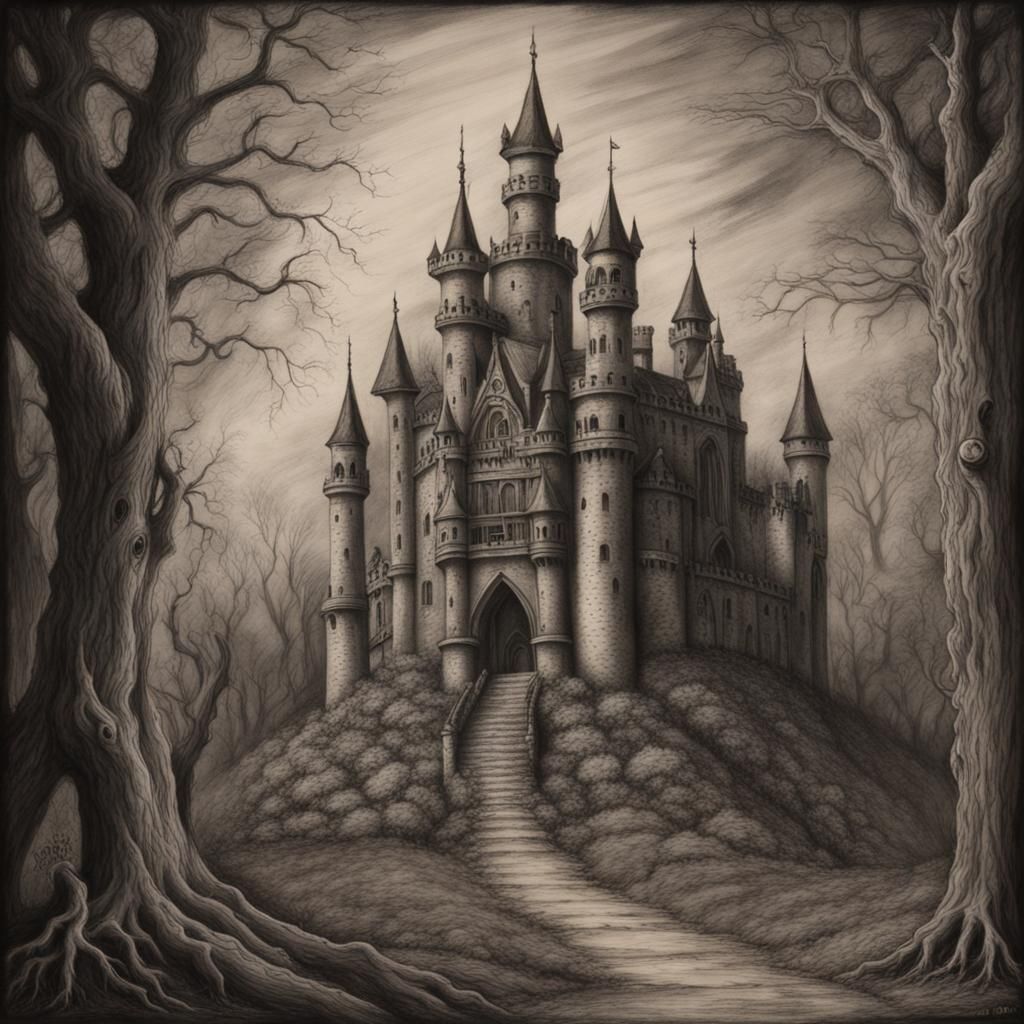 Gothic Horror: Traveler Approaches Castle in Charcoal