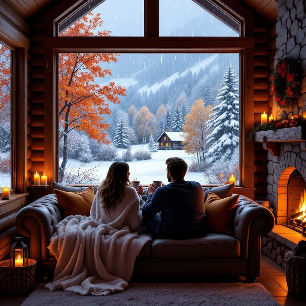 Cozy Autumn Cabin Scene in Romantic Style