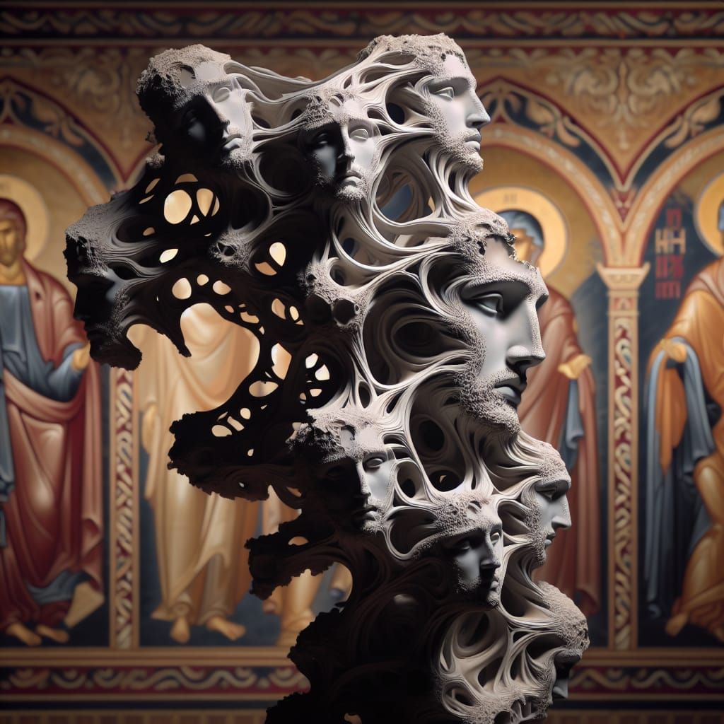 Sculpture of Yearning Figures with Byzantine Tapestry