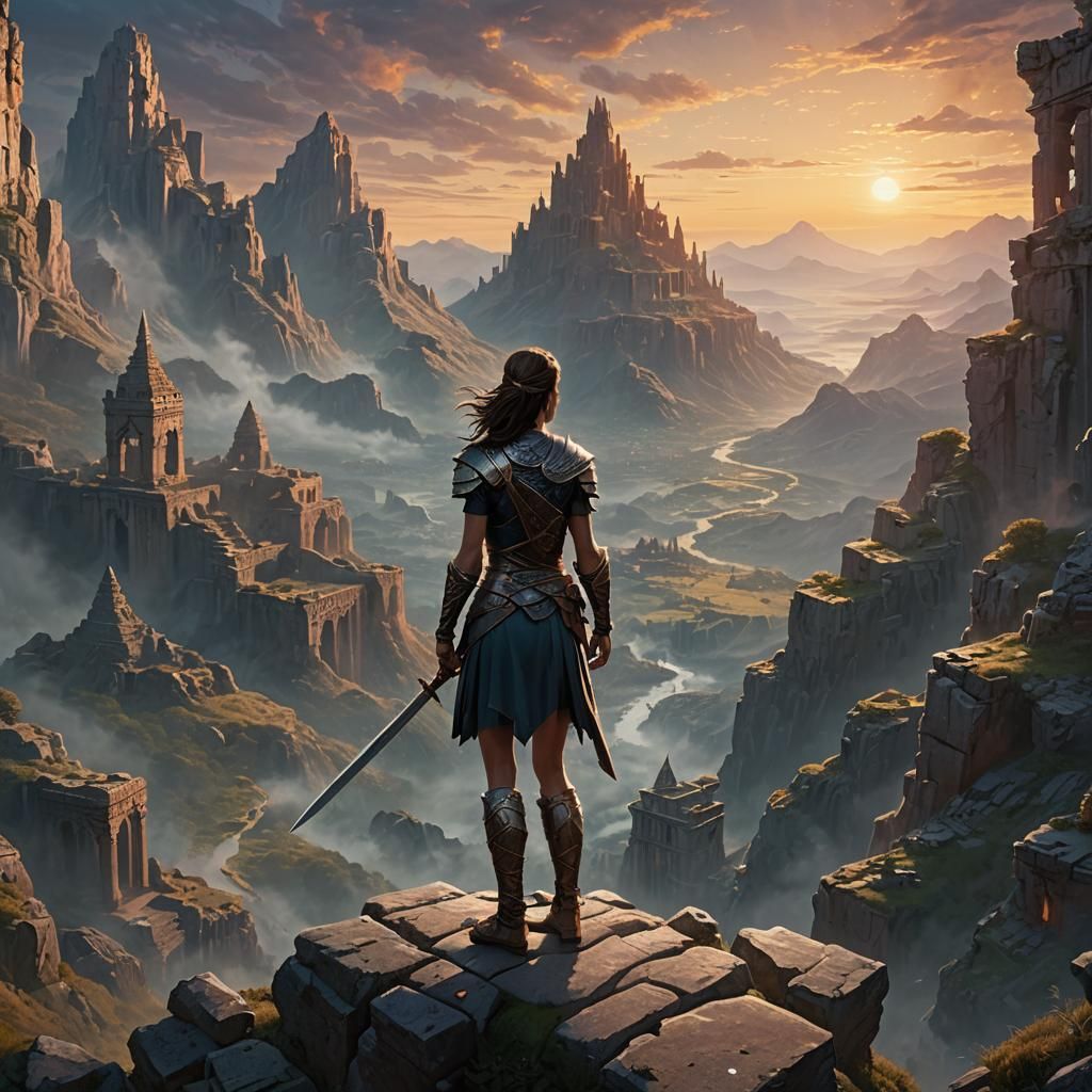 Victorious Warrior on Mystical Peak, as Digital Art