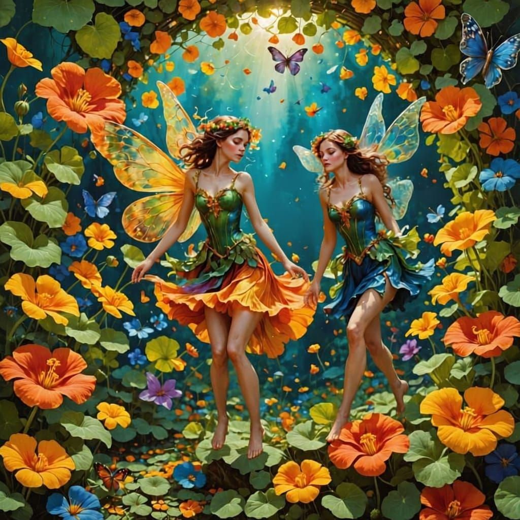 Faeries dancing in the middle of multi-coloured nasturtium f...