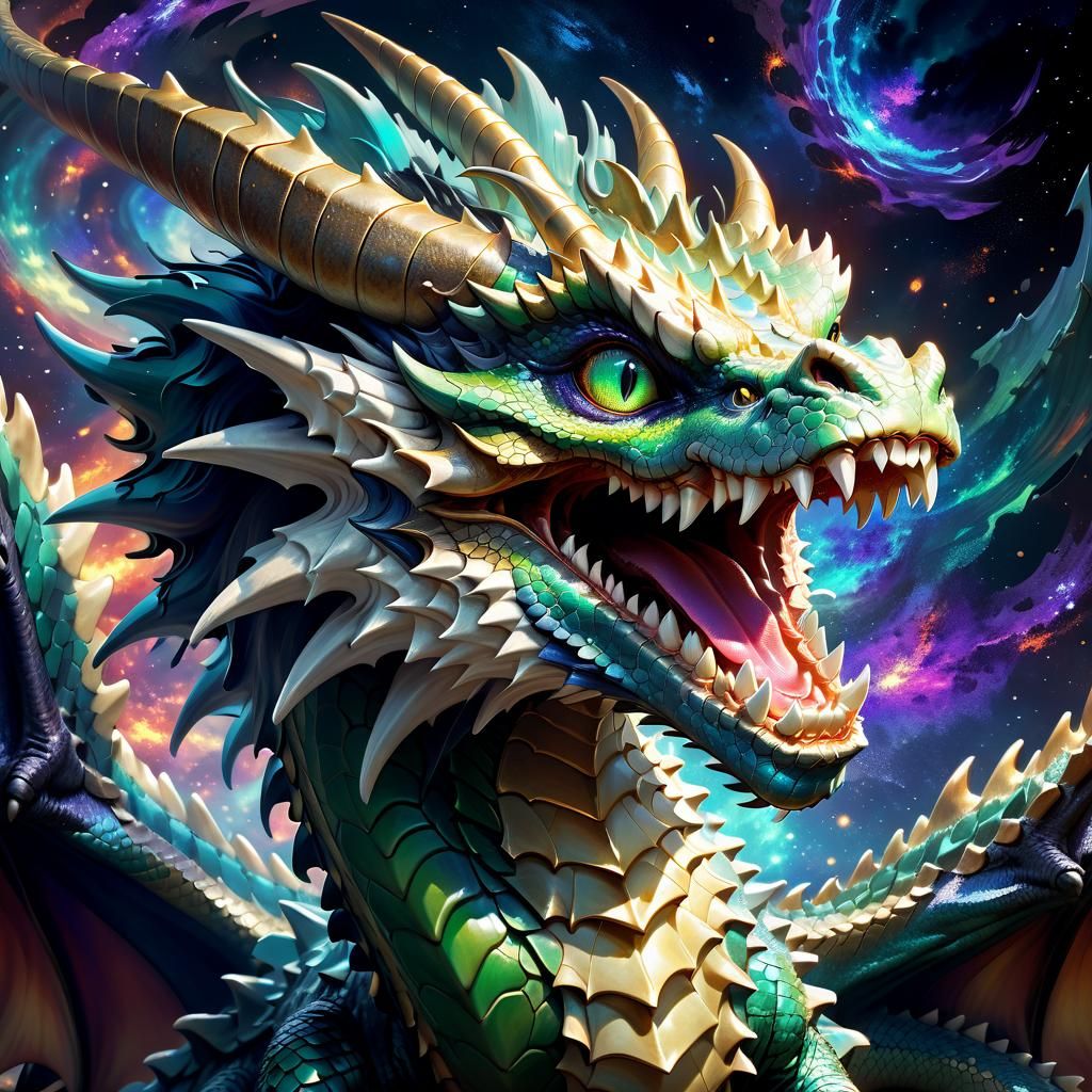 Mythical Dragon Portrait with Galactic Background