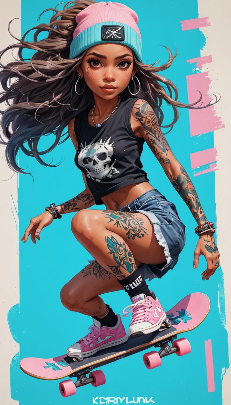 Biopunk Skater Princess Jumps in Futuristic Skatepark