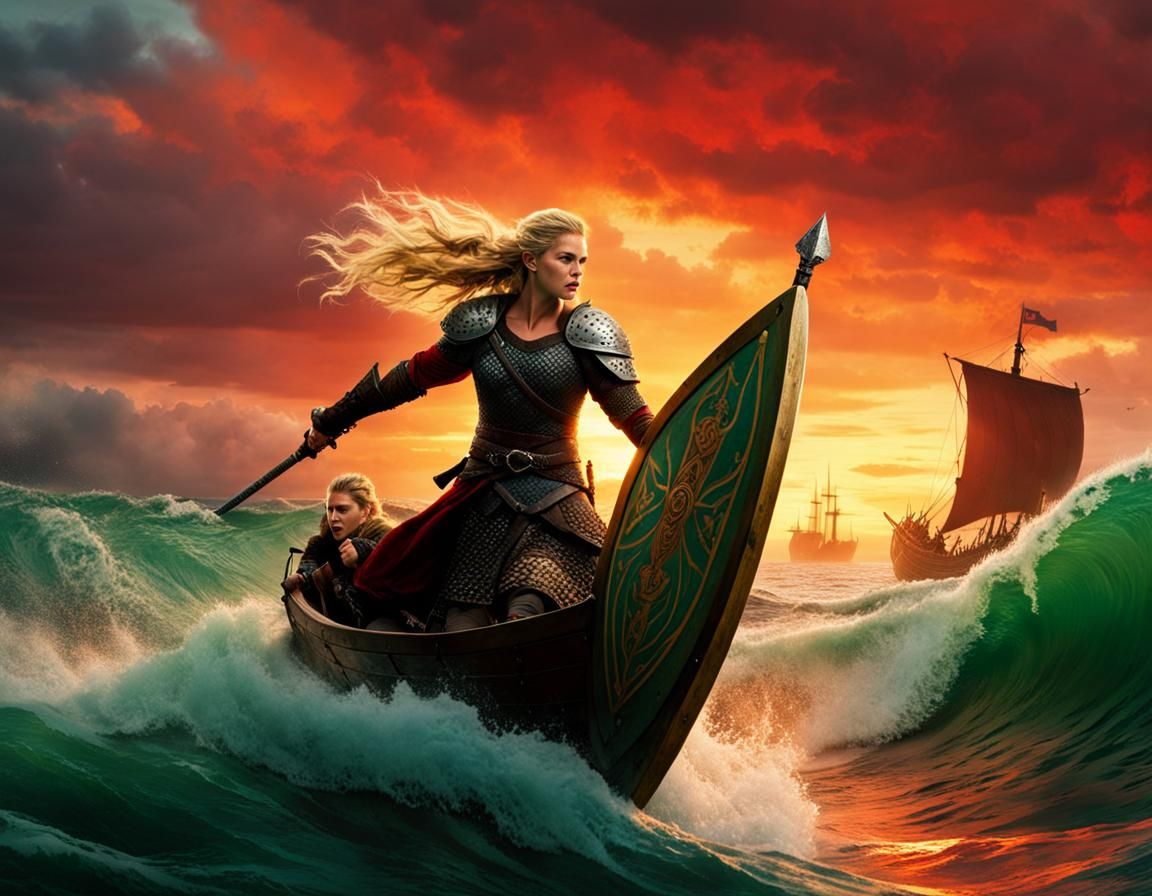 Lagertha shield warrior riding the waves in battle