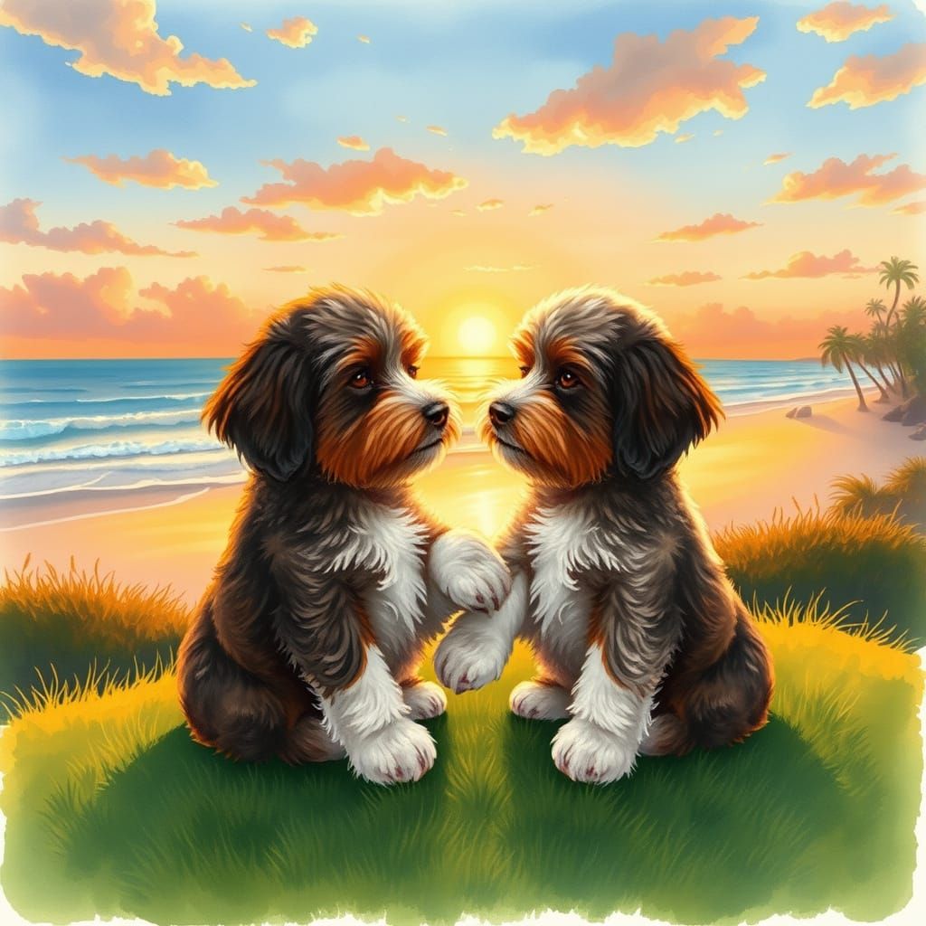 Mini Bernedoodles Gaze at Sunset Beach