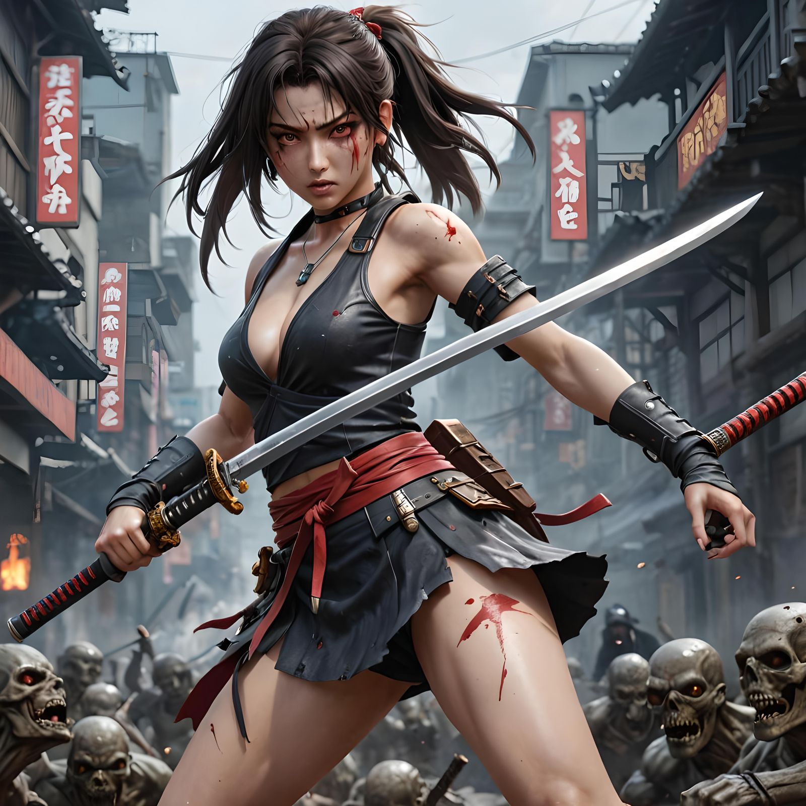 Anime Girl Katana Zombie Apocalypse 3D Art