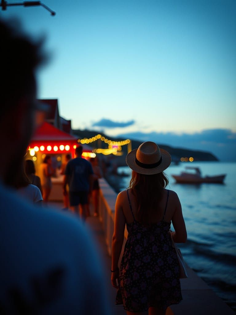Summer Festival by the Sea at Night: Cinematic Film Still