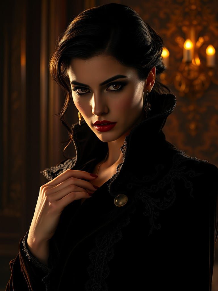 Sophisticated Woman in Velvet Coat, Exuding Allure in Dramat...