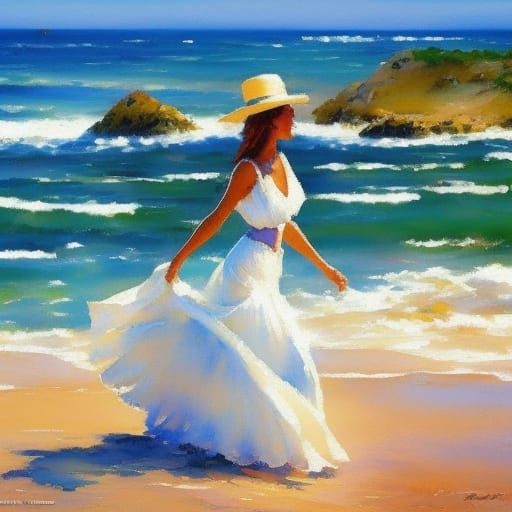 Impressionist Woman at Beach Watercolor Painting