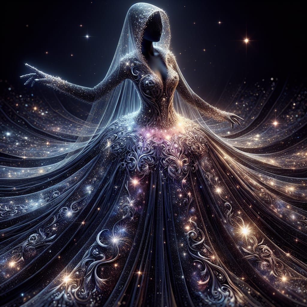 Night sky goddess in a delicate filigree of shiny nylon dres...
