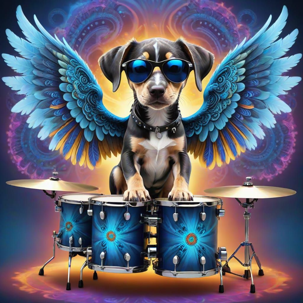 Catahoula Cur Puppy dressed as a dark angel with magnificent stunning wings and raybans playing a 5-piece drum set again...