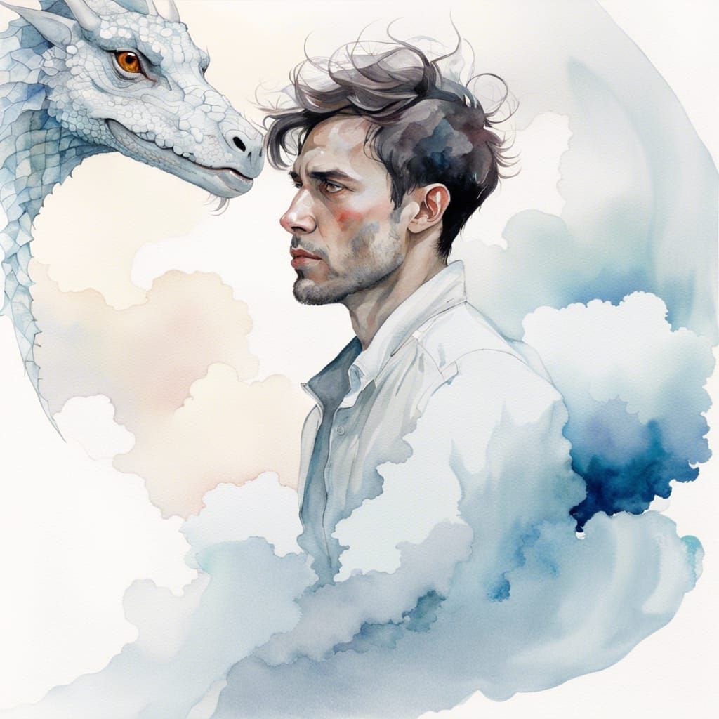 Man and Cloud Dragon Watercolor Painting