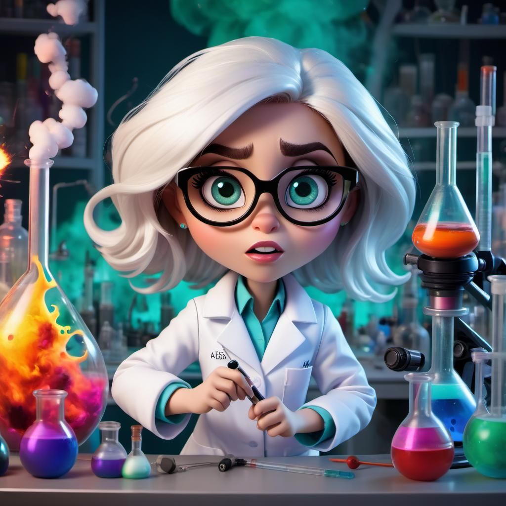 Disney Pixar style 3D stunningly beautiful woman scientist, big expressive eyes, glasses, white lab coat, working in a l...