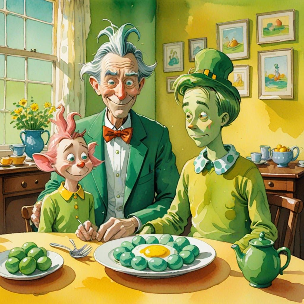 Whimsical Watercolor Illustration of Sam-I-Am and Green Eggs...