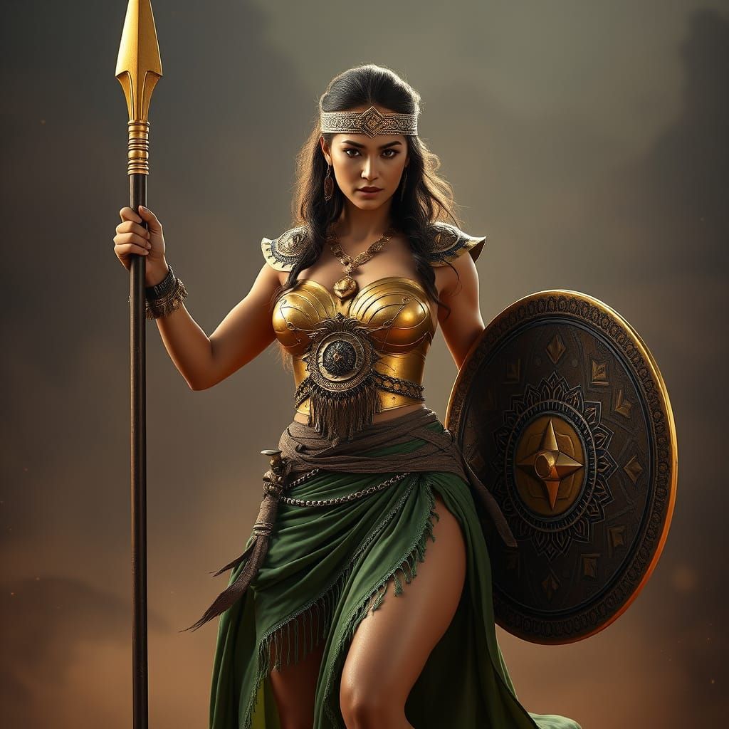 Warrior Woman in Desert: Golden Armor, Spear, Shield
