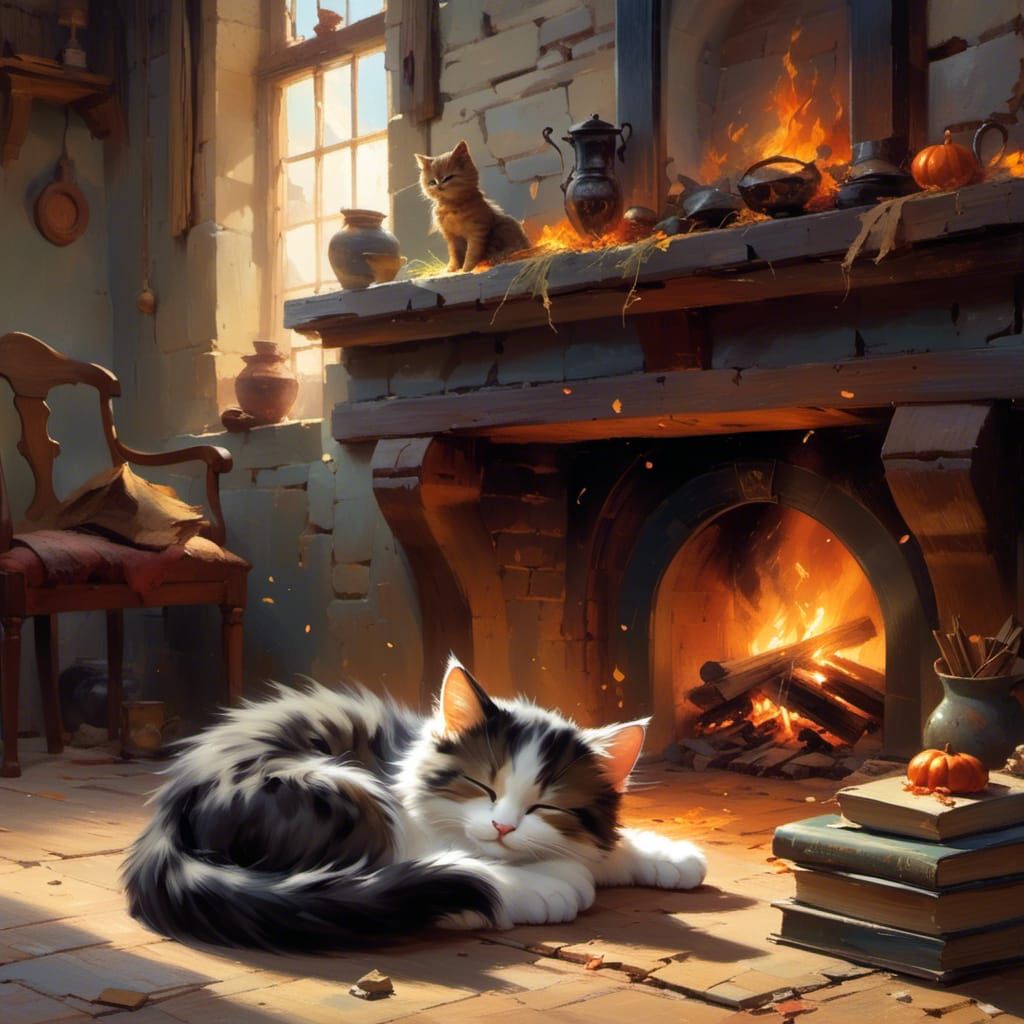 "a fluffy cat sleeping near a fireplace, storybook illustration"