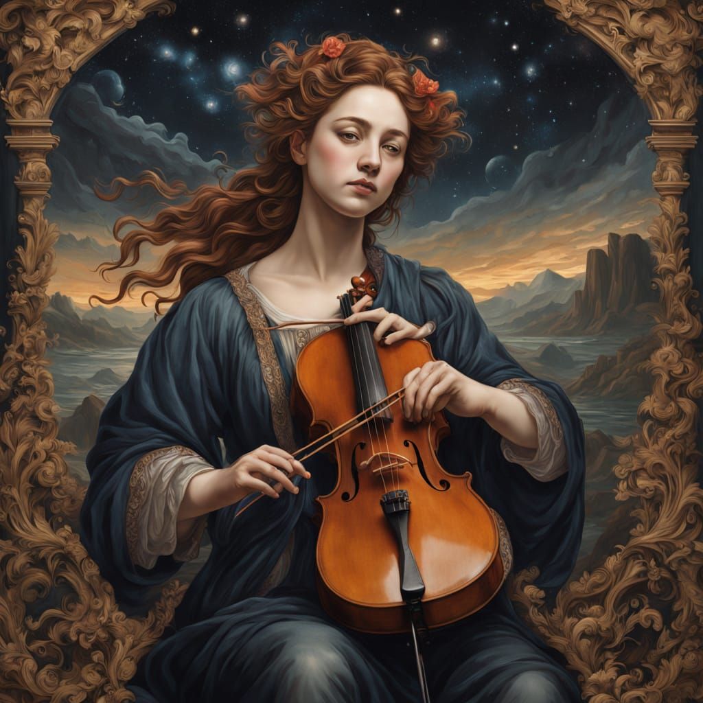 Ethereal Goddess Cradles Celestial Cello in Cosmic Landscape