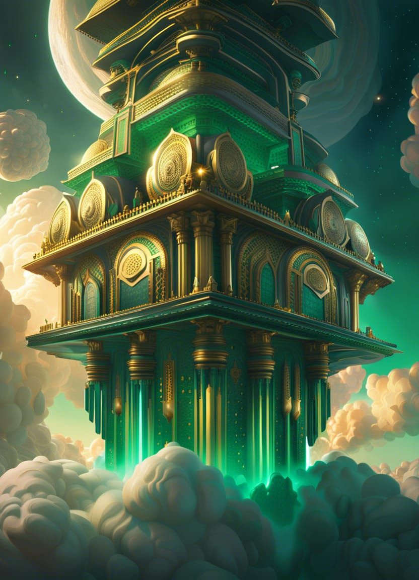 An awe-inspiring cinematic depiction of a temple city suspended within the clouds, sci-fi retro emerald city in the sky,...