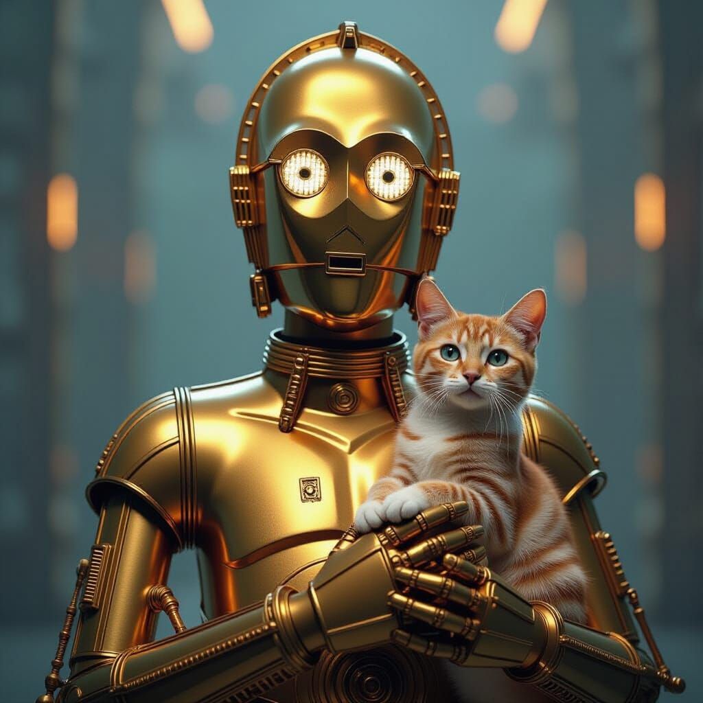 C-3PO Holds a Siamese Cat: Hyper-Realistic Digital Art