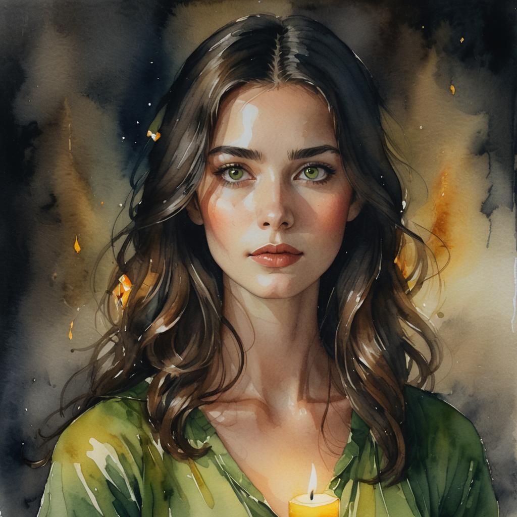 Watercolor Portrait of Woman with Candlelight