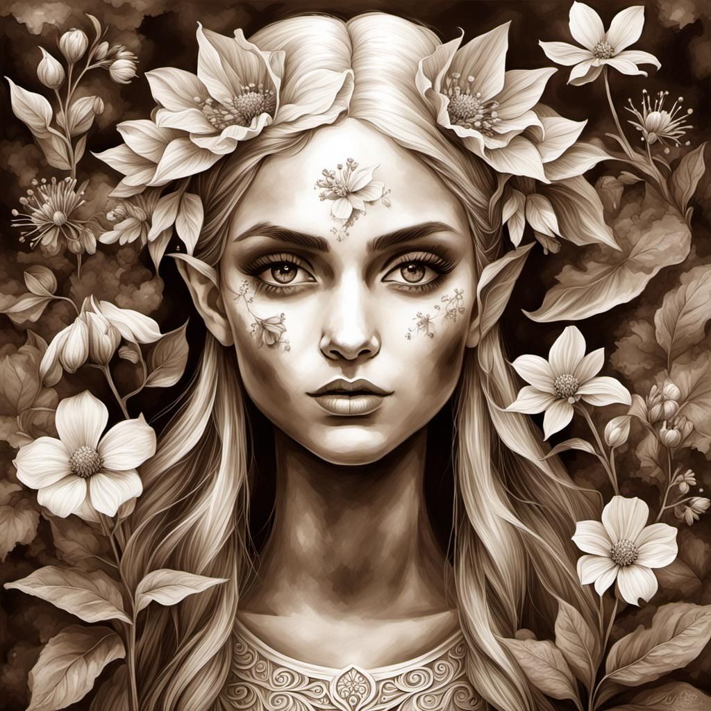 Sepia Elf Portrait with Cascading Wildflowers