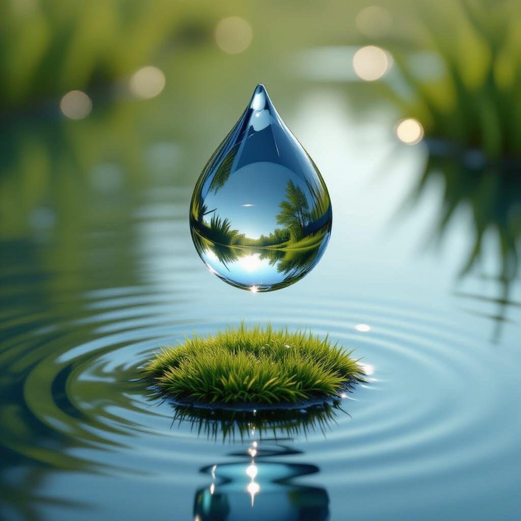 Ultra-Realistic Water Droplet Reflecting Pond Scene