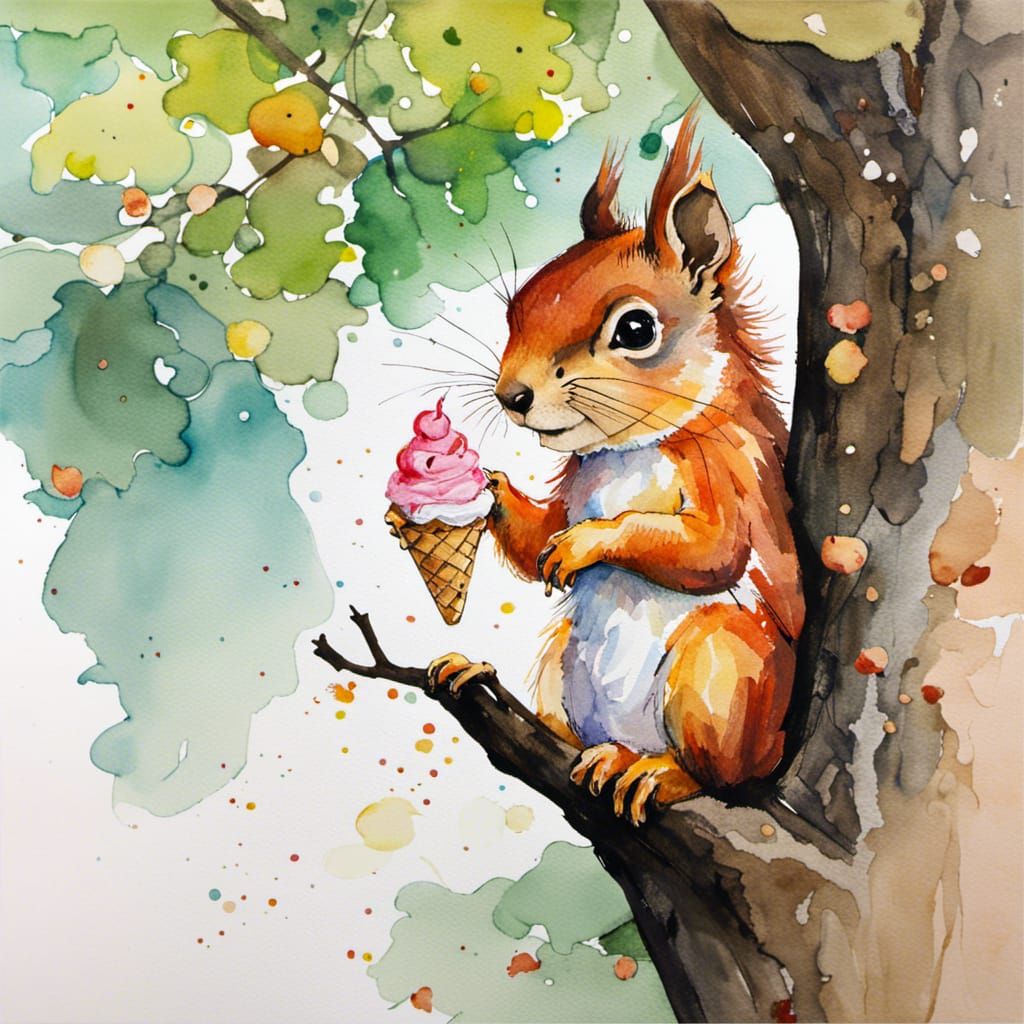 Chibi Squirrel Eating Ice Cream: Watercolor Painting