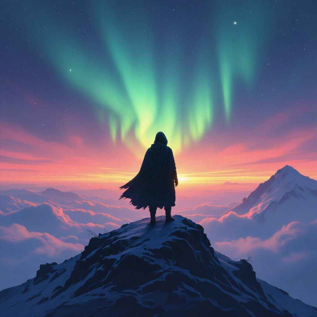 Lone Figure Under Aurora in Retro Sci-Fi Style