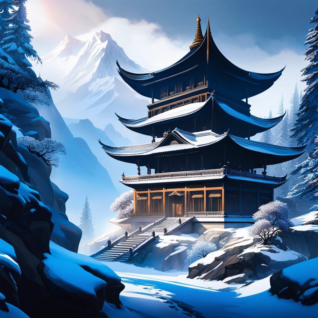 Mysterious Pagoda in Snowy Mountain Landscape