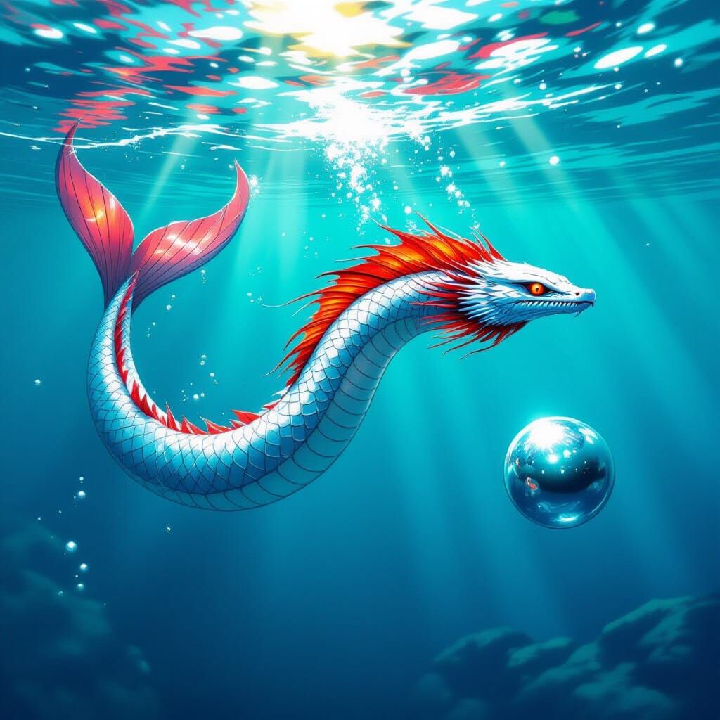 Silver Sea Serpent Chasing Reflective Ball