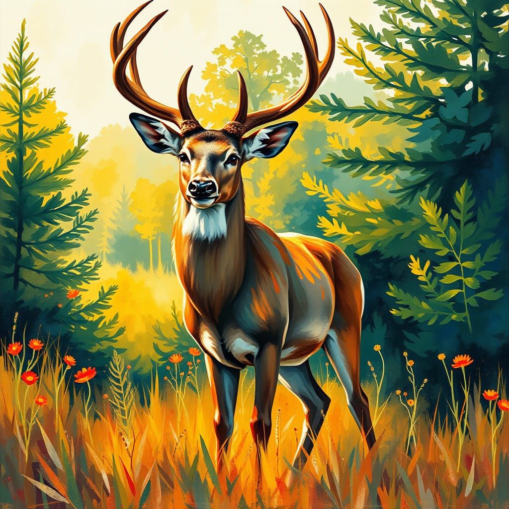 Vibrant Impressionist Deer Portrait in Gouache and Watercolo...