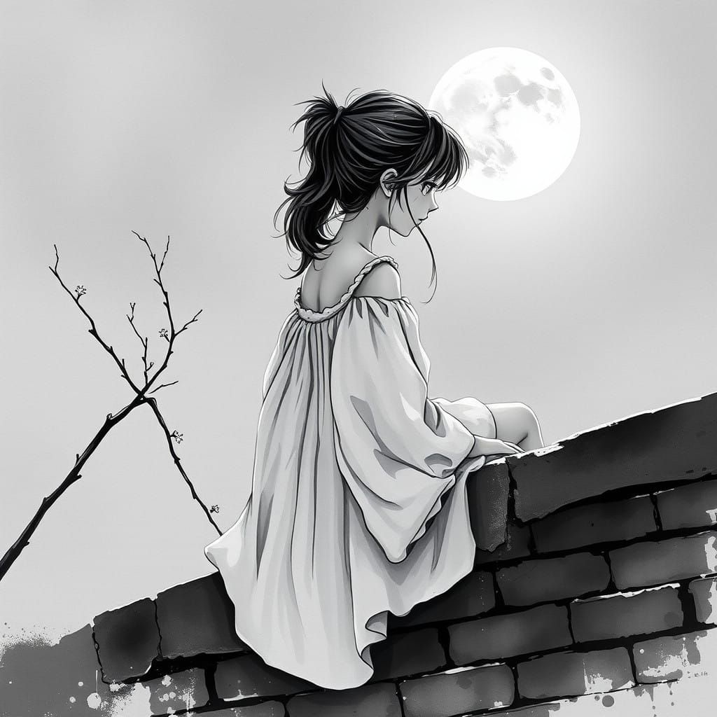 Moonlit Contemplation in Soft Ink Wash