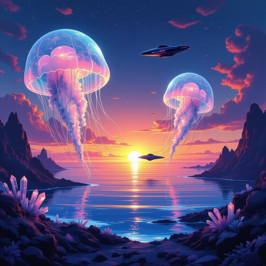 Alien Ocean Under Binary Sunset with Bioluminescent Jellyfis...