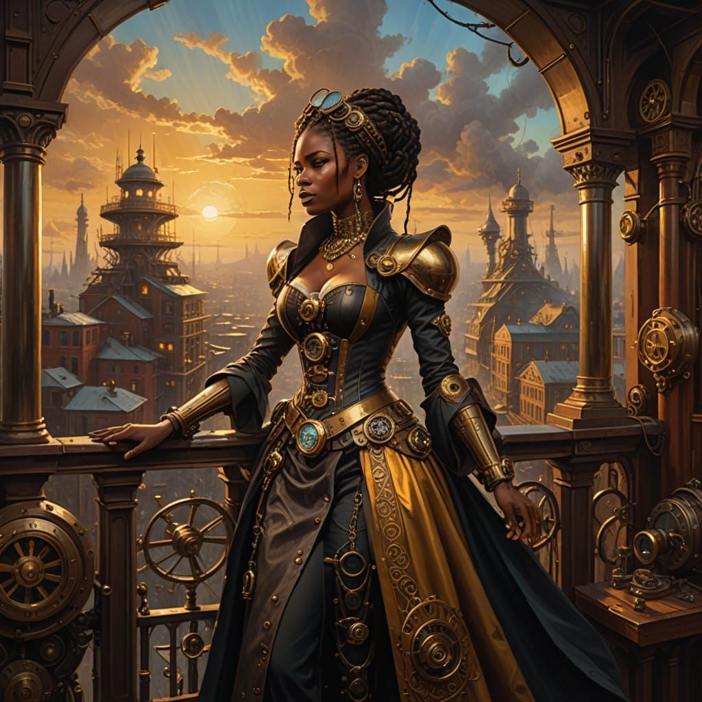 Majestic African Queen in Steampunk City Oil Painting